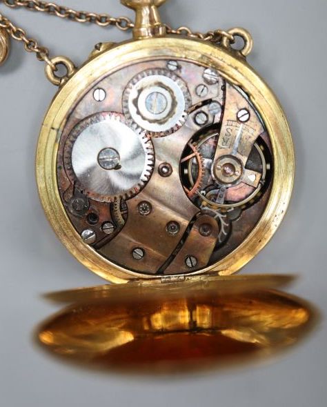 A George V 15ct gold fob watch, on chain with pin, gros 22.4 grams, and a yellow metal and gem set bar brooch,